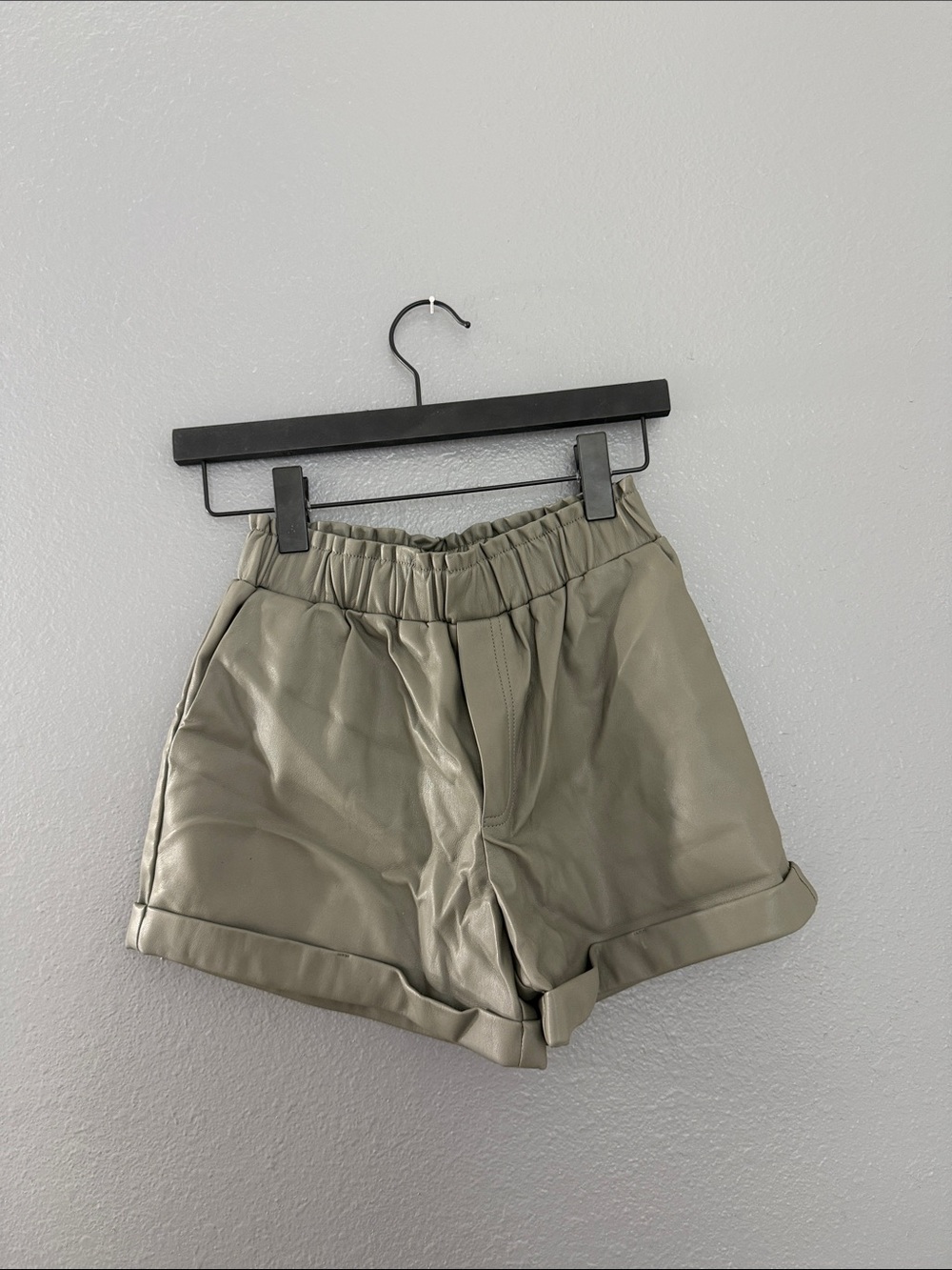 H&M High-Waist Faux Leather Shorts in Sage